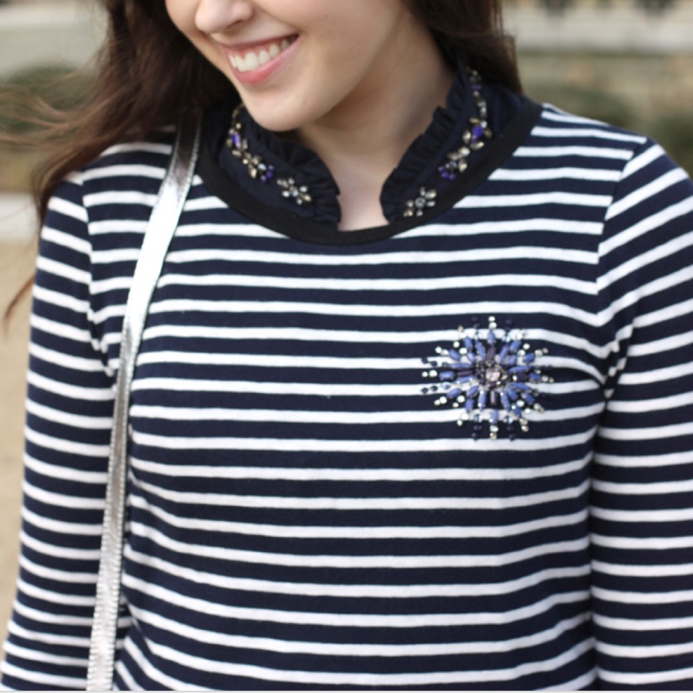 J. Crew Stripe Painter Tee with Jeweled Brooch